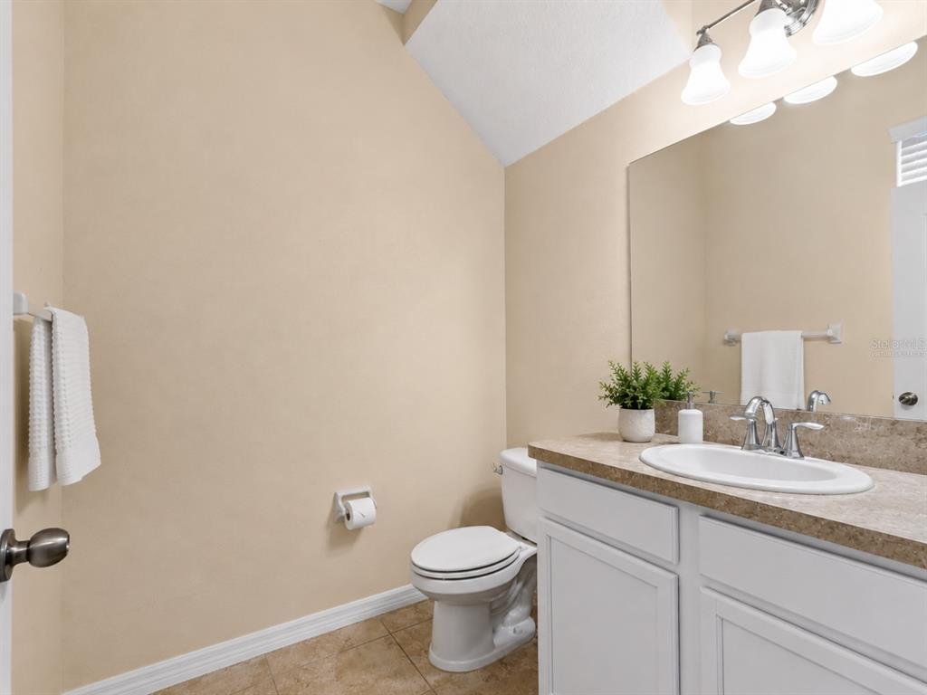 A bathroom features a white vanity with a stone countertop, a toilet, and beige walls — 20542 GRAND VISTA LANE, TAMPA, FL