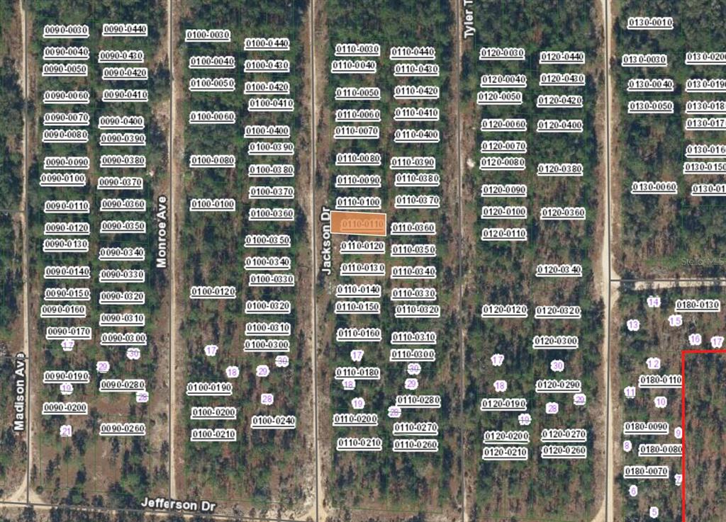This is a map showing a grid of numbered land parcels and streets — XX JACKSON DRIVE, HAWTHORNE, FL