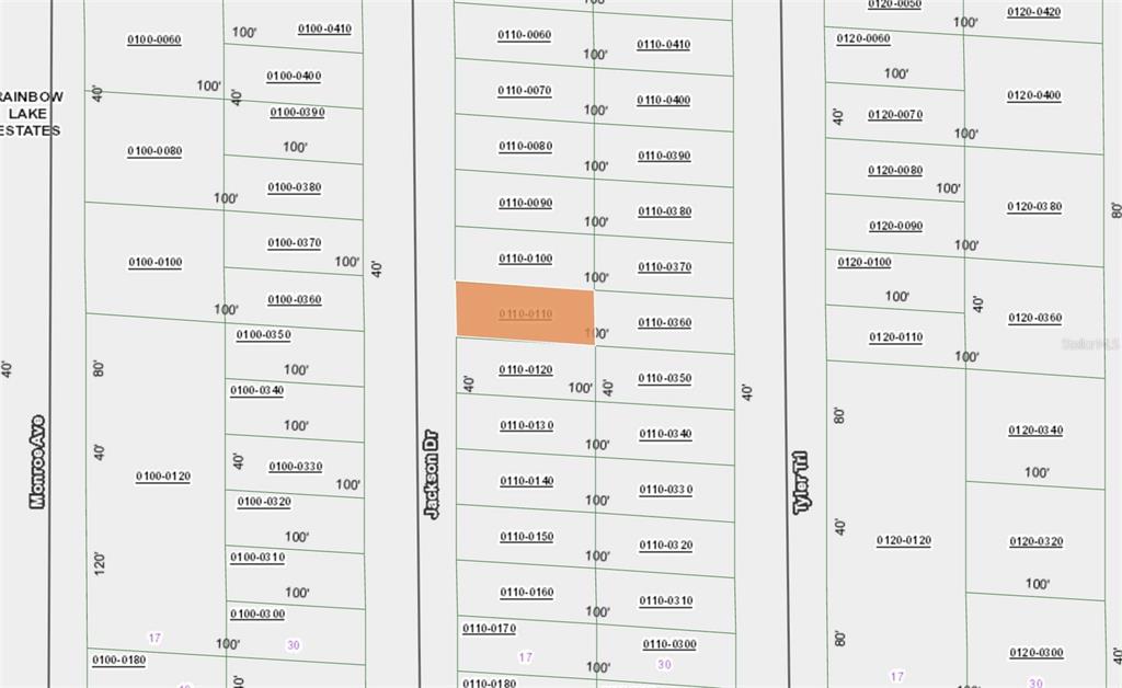 This is a map showing property parcel lines and lot numbers in a residential area — XX JACKSON DRIVE, HAWTHORNE, FL