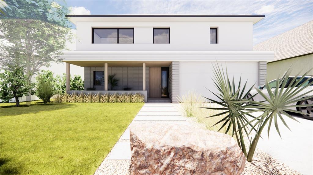 This is a digital rendering of a modern two-story house with a white exterior — 446 SKYFIELD COURT, LADY LAKE, FL