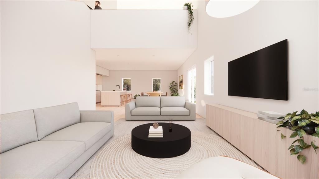 This is a rendering of a modern living room with two sofas and a television — 446 SKYFIELD COURT, LADY LAKE, FL