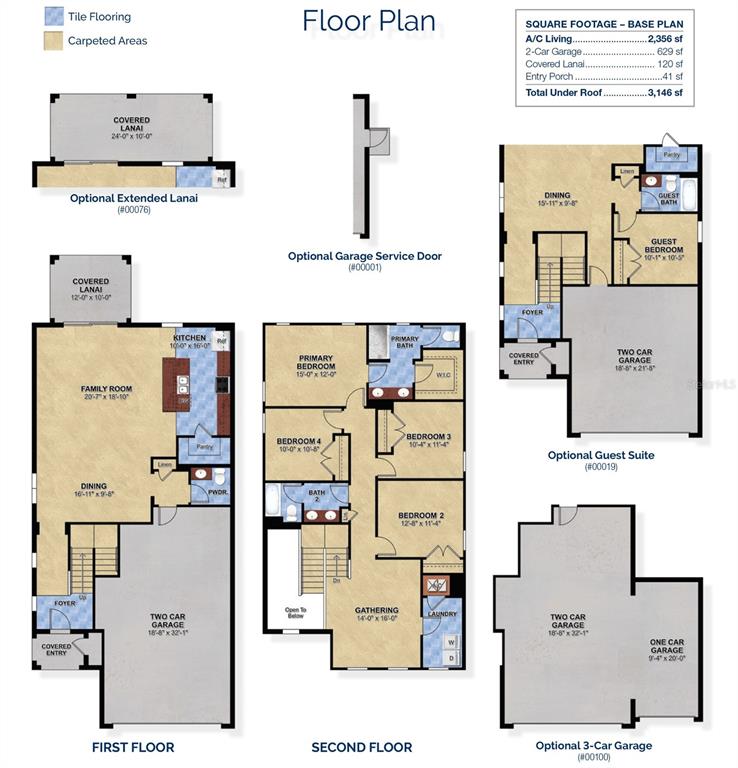 This floor plan shows a two-story home layout with multiple bedroom, garage, and lanai options — 14724 CRESTAVISTA AVENUE, CLERMONT, FL