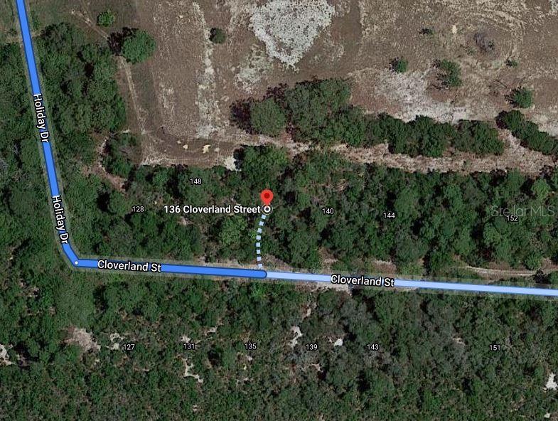 This is a satellite map view showing a wooded lot with a marked property location — 136 CLAVERLAND DRIVE, LAKE PLACID, FL