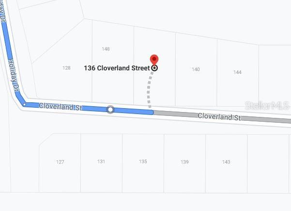 This map shows the location of a property on Cloverland Street relative to nearby lots — 136 CLAVERLAND DRIVE, LAKE PLACID, FL