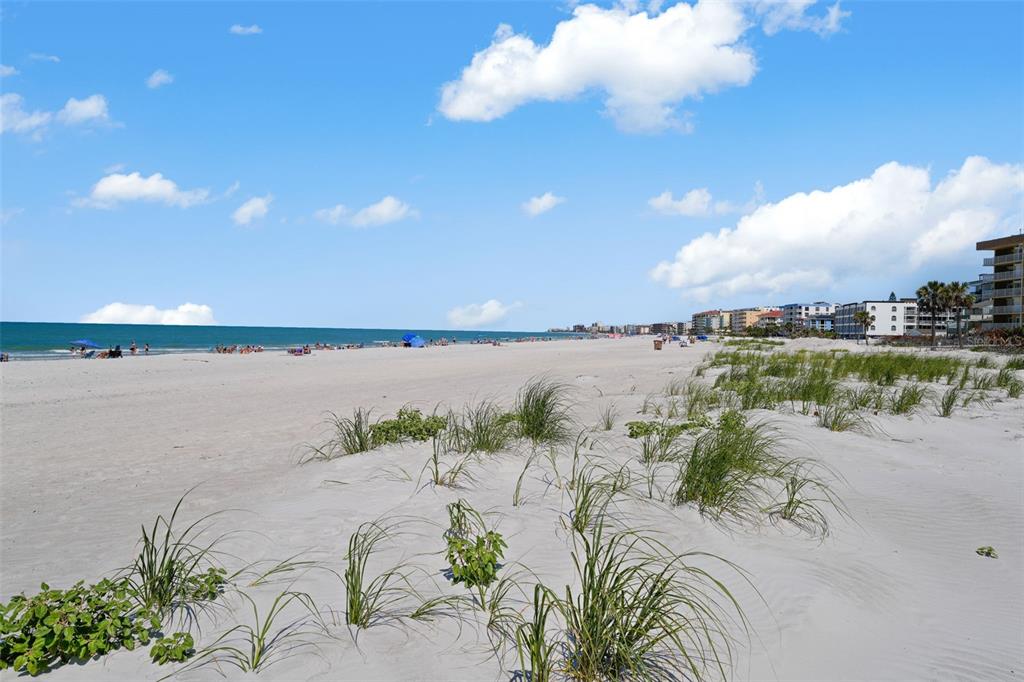 A wide sandy beach with dune grasses and distant buildings under a blue sky — 13062 GULF BOULEVARD, MADEIRA BEACH, FL