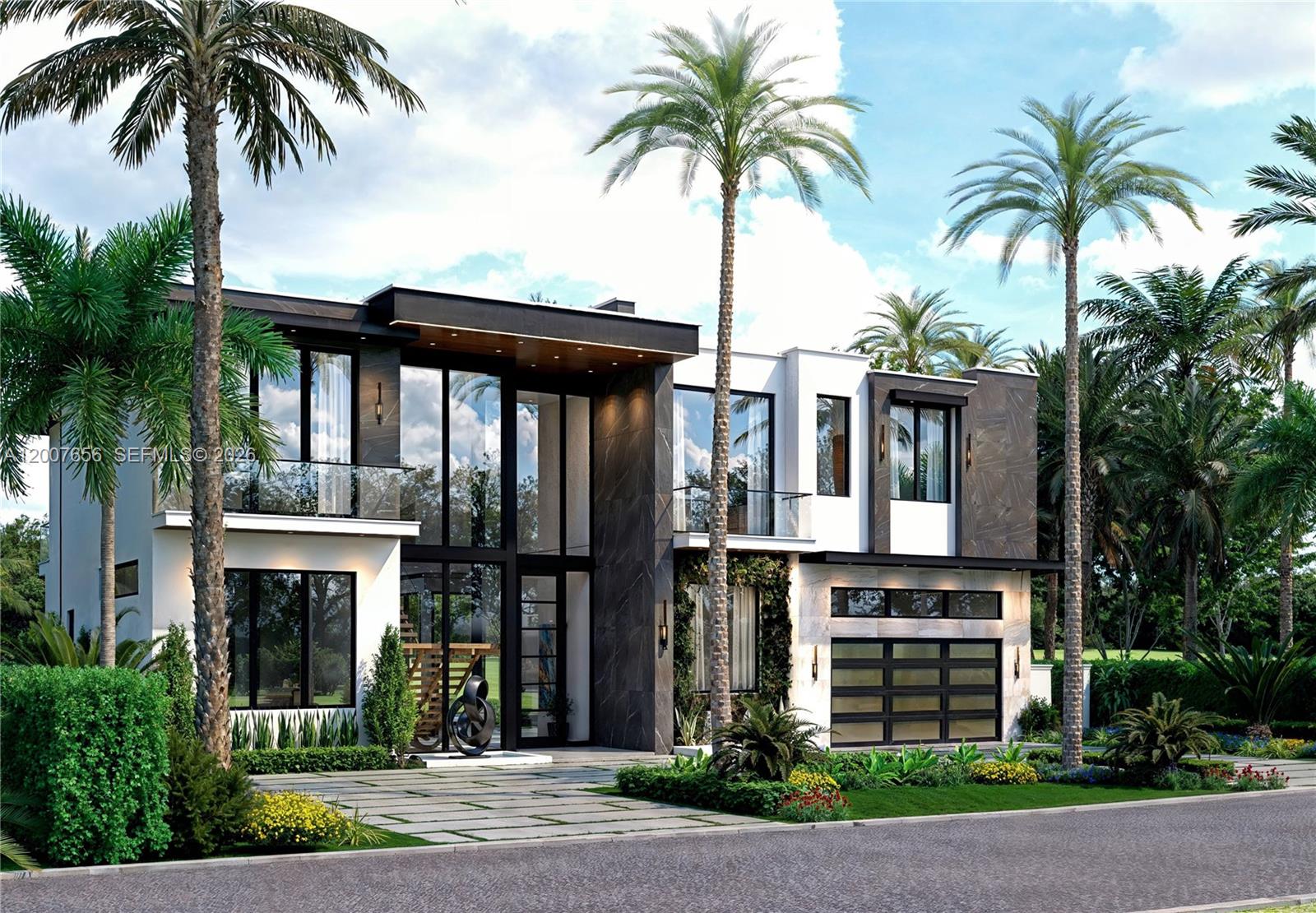 This is a rendering of a modern two-story house with a glass facade and garage — 4110 NE 30th Ave, Lighthouse Point FL 33064, LIGHTHOUSE POINT, FL