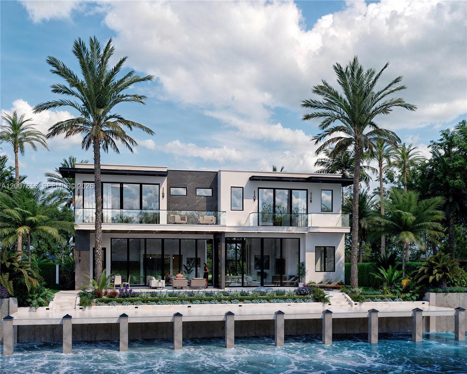 This is a rendering of a modern two-story waterfront home with a pool and dock — 4110 NE 30th Ave, Lighthouse Point FL 33064, LIGHTHOUSE POINT, FL