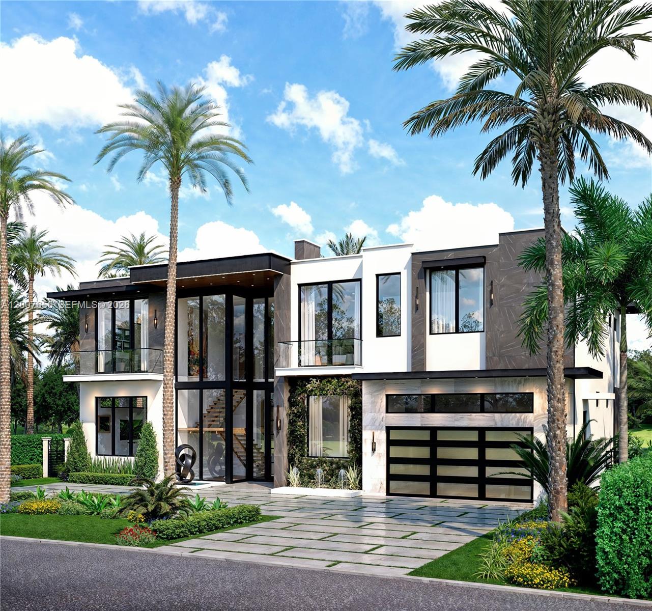 This is a rendering of a modern two-story house with a glass facade and garage — 4110 NE 30th Ave, Lighthouse Point FL 33064, LIGHTHOUSE POINT, FL