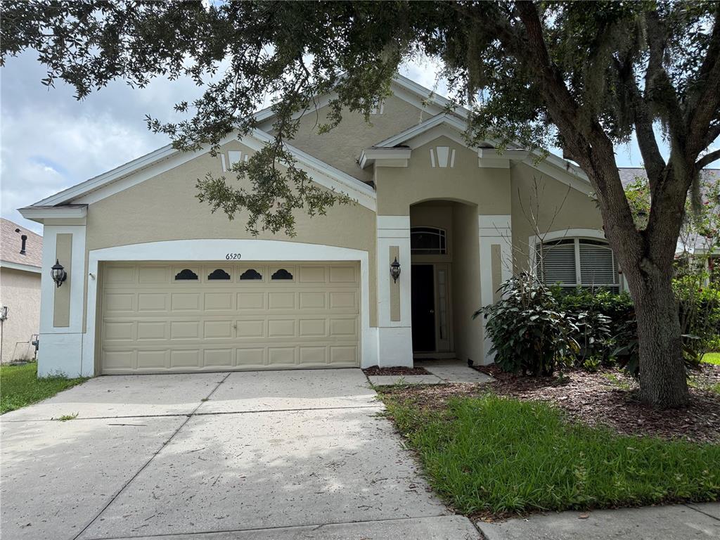 A single-story house with a beige stucco exterior, a two-car garage, and a large tree — 6520 BRIDGECREST DRIVE, LITHIA, FL