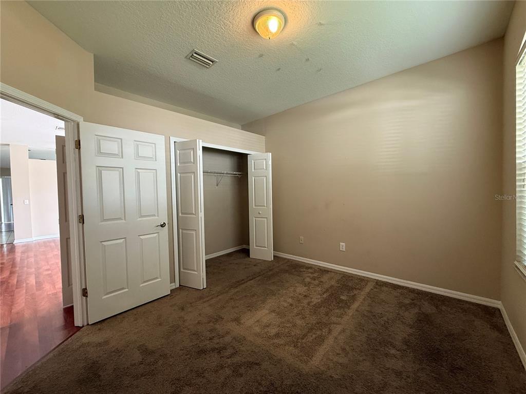 A bedroom with beige walls, brown carpet, a ceiling light, and an open closet — 6520 BRIDGECREST DRIVE, LITHIA, FL