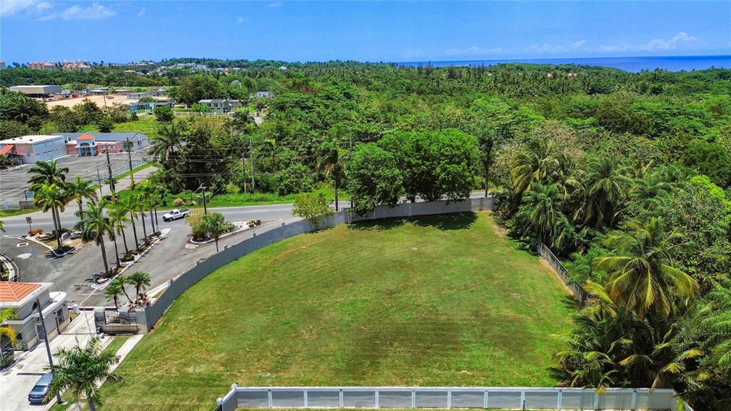 An aerial view shows a vacant, fenced-in grassy lot bordered by trees and a road — A-1 PASEO MADRID, VEGA ALTA, PR