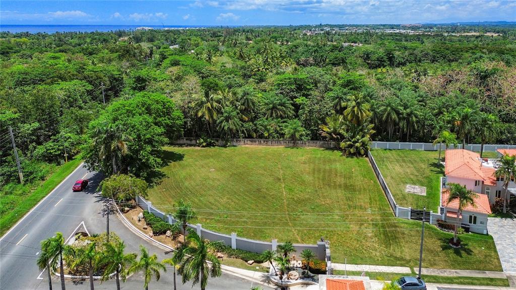 An aerial view shows a vacant grassy lot bordered by a road, trees, and houses — A-1 PASEO MADRID, VEGA ALTA, PR