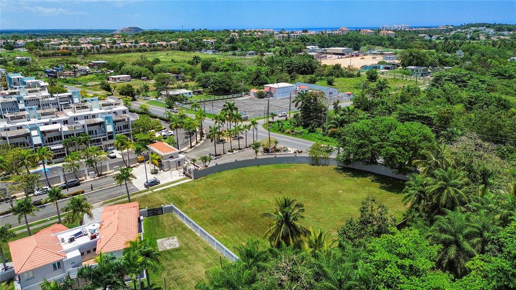An aerial view shows a vacant grassy lot adjacent to a residential complex and trees — A-1 PASEO MADRID, VEGA ALTA, PR