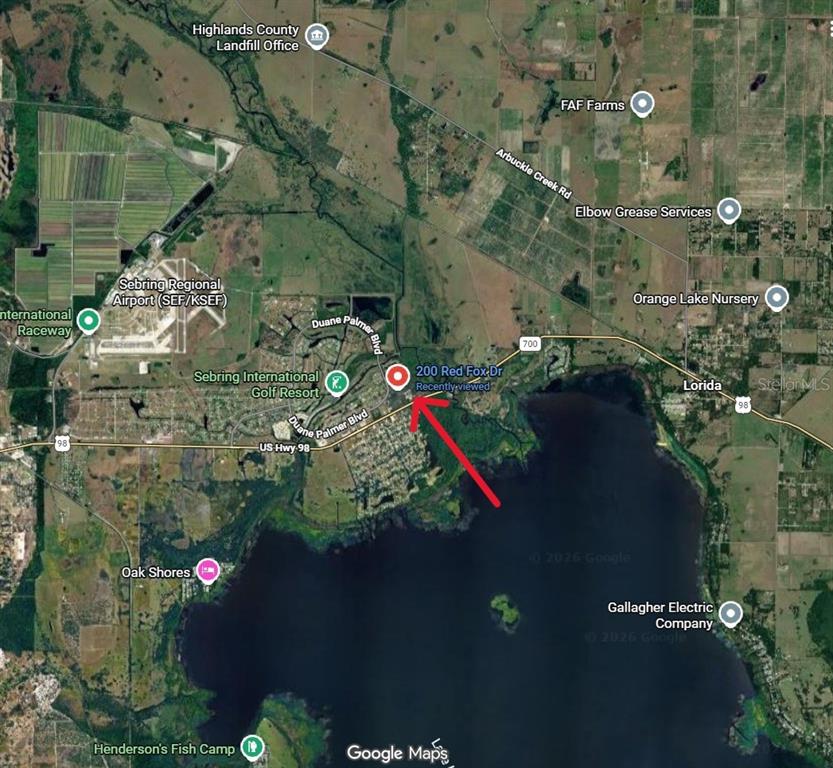 This is a satellite map showing the location of a property near a large lake — 200 RED FOX DRIVE, SEBRING, FL