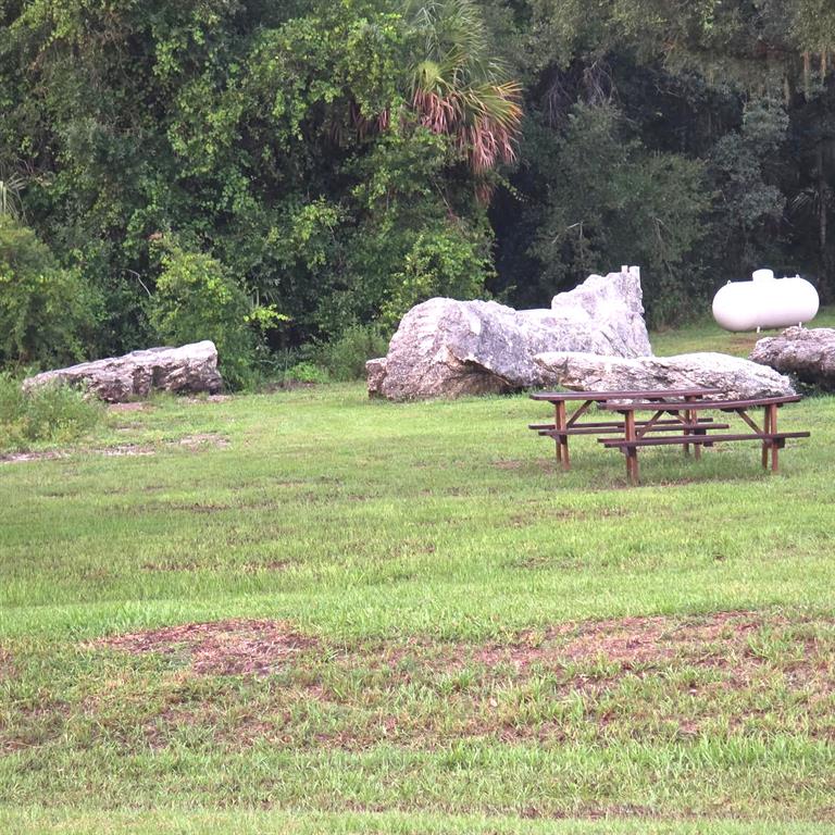 A grassy yard features several large boulders, a wooden picnic table, and a propane tank — 200 RED FOX DRIVE, SEBRING, FL