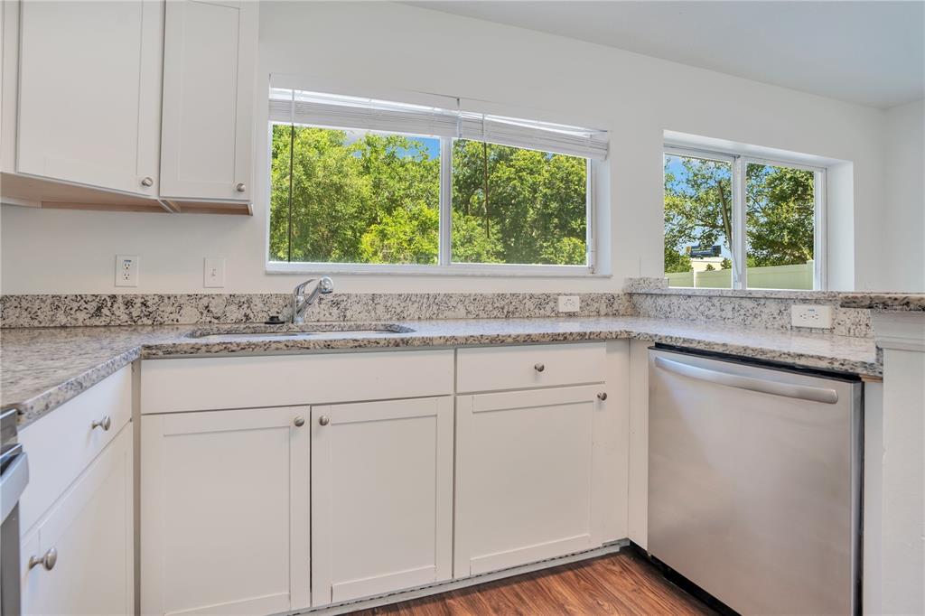 A kitchen features white cabinets, granite countertops, a stainless steel dishwasher, and two windows — 10225 SUMMERVIEW CIRCLE, RIVERVIEW, FL