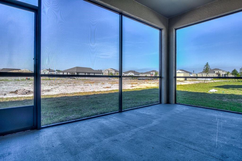 A screened-in concrete patio overlooks a grassy yard and neighboring houses under a clear sky — 1212 MONTGOMERY BELL ROAD, WESLEY CHAPEL, FL