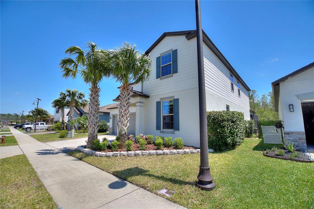 A two-story house with light-colored siding, blue shutters, and palm trees in the front yard — 17244 GOLDCREST LOOP, CLERMONT, FL