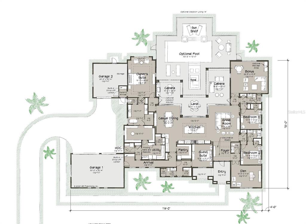 This floor plan shows a large single-story house with two garages, a pool, and lanai — 12364 SW 16TH LANE, NEWBERRY, FL