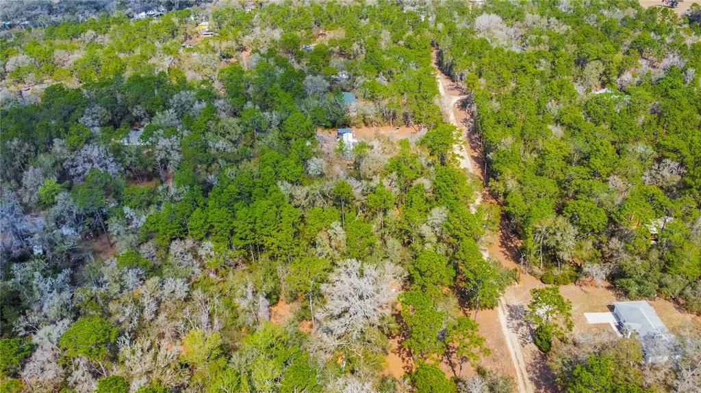 An aerial view shows a rural property with a house surrounded by dense wooded forest — 5500 S CHEROKEE TERRACE, INVERNESS, FL