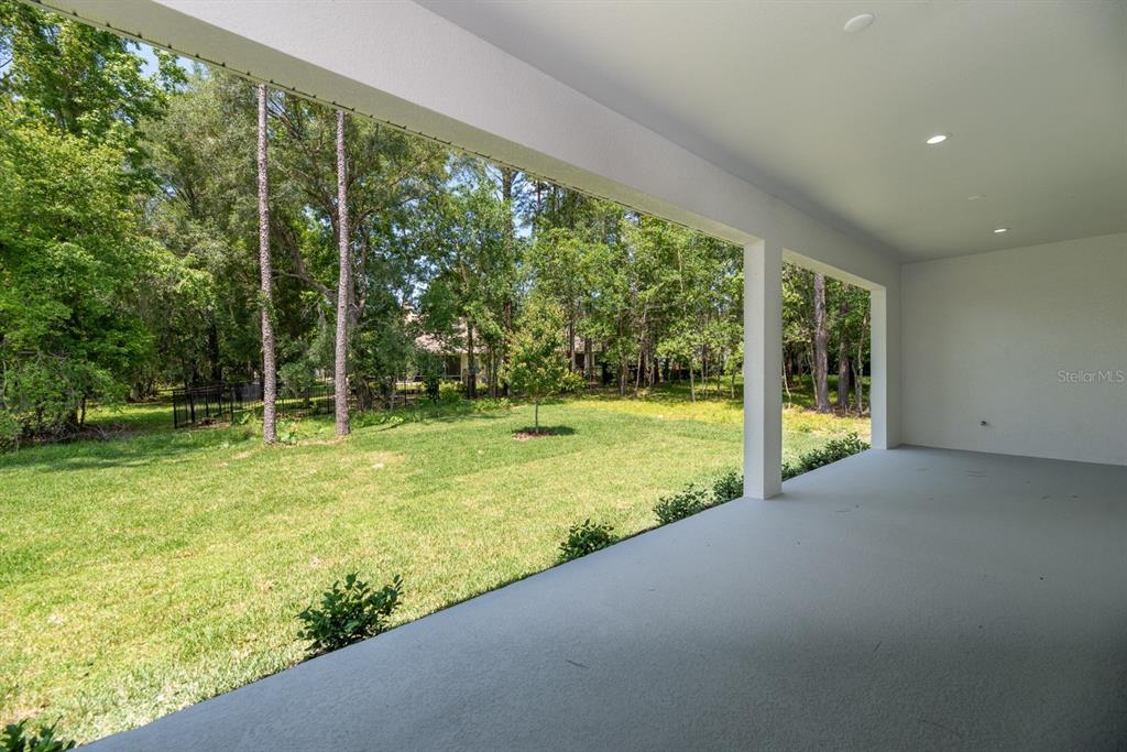 A covered concrete patio overlooks a grassy backyard surrounded by a wooded area — 8314 NW 17TH CIRCLE, OCALA, FL