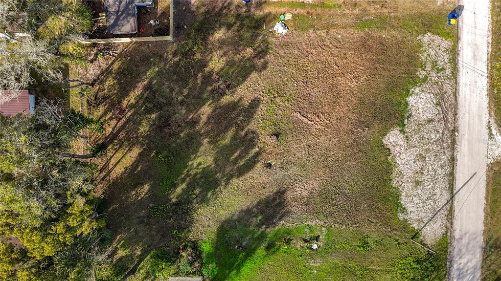 An aerial view shows a vacant, grassy residential lot bordered by trees and a road — 38548 CALUMET AVENUE, ZEPHYRHILLS, FL