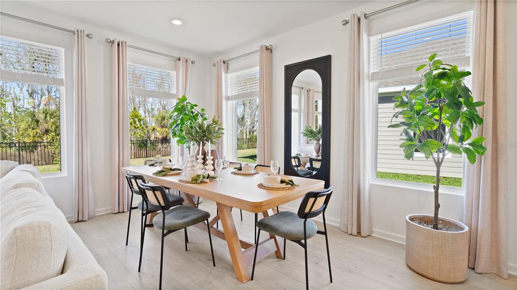 A dining room features a wooden table, black chairs, a large mirror, and a potted plant — 5551 GUAVA COURT, KISSIMMEE, FL