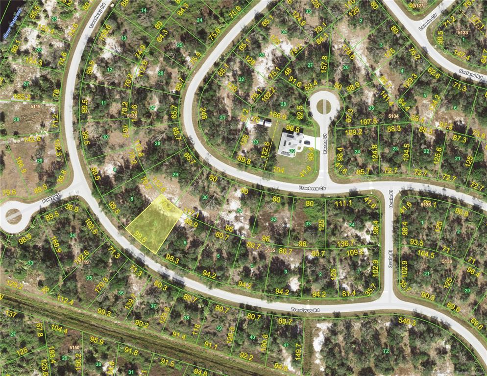 This is an aerial map showing residential property lots and street layouts — 7174 TREADWAY ROAD, PORT CHARLOTTE, FL