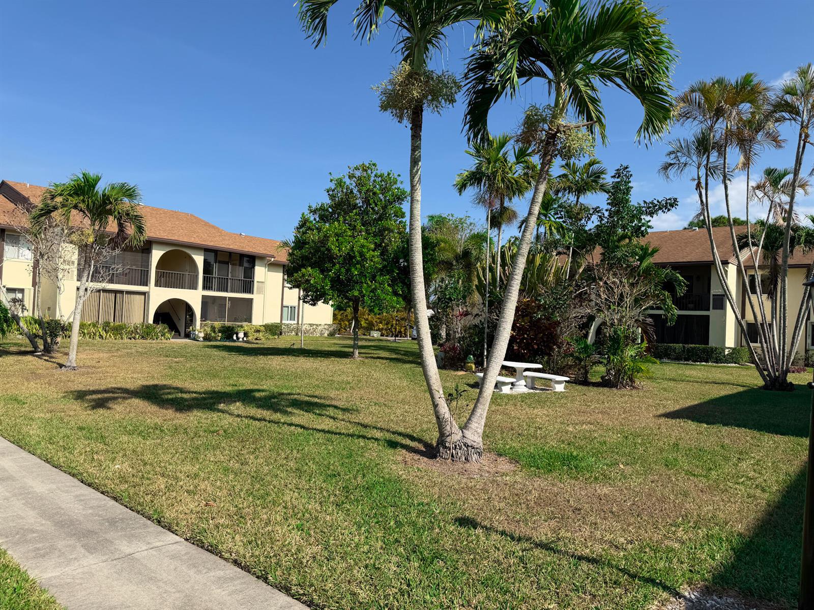 A grassy courtyard with palm trees and a picnic table sits between two apartment buildings — 3530 Pine Needle Drive # 2, FL 33463, FL
