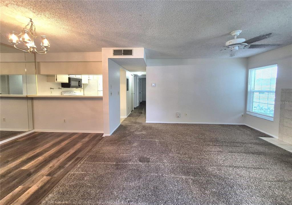 A living room with carpeted flooring, a ceiling fan, and an adjacent kitchen area — 3025 BONAVENTURE CIRCLE UNIT 101, PALM HARBOR, FL