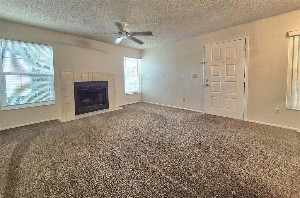 A living room features beige carpeting, a fireplace with a tiled surround, and a white door — 3025 BONAVENTURE CIRCLE UNIT 101, PALM HARBOR, FL