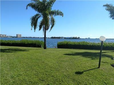 A grassy lawn features a palm tree and a lamp post overlooking a wide bay — 6268 PALMA DEL MAR BOULEVARD S UNIT 111, ST PETERSBURG, FL
