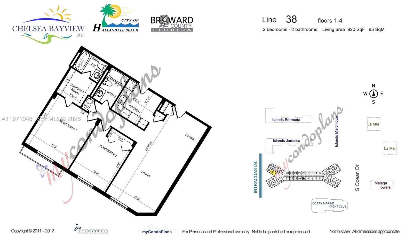 This floor plan shows a two-bedroom, two-bathroom condo unit with a living and dining area — 1913 S Ocean Dr # 138, Hallandale Beach FL 33009, HALLANDALE BEACH, FL