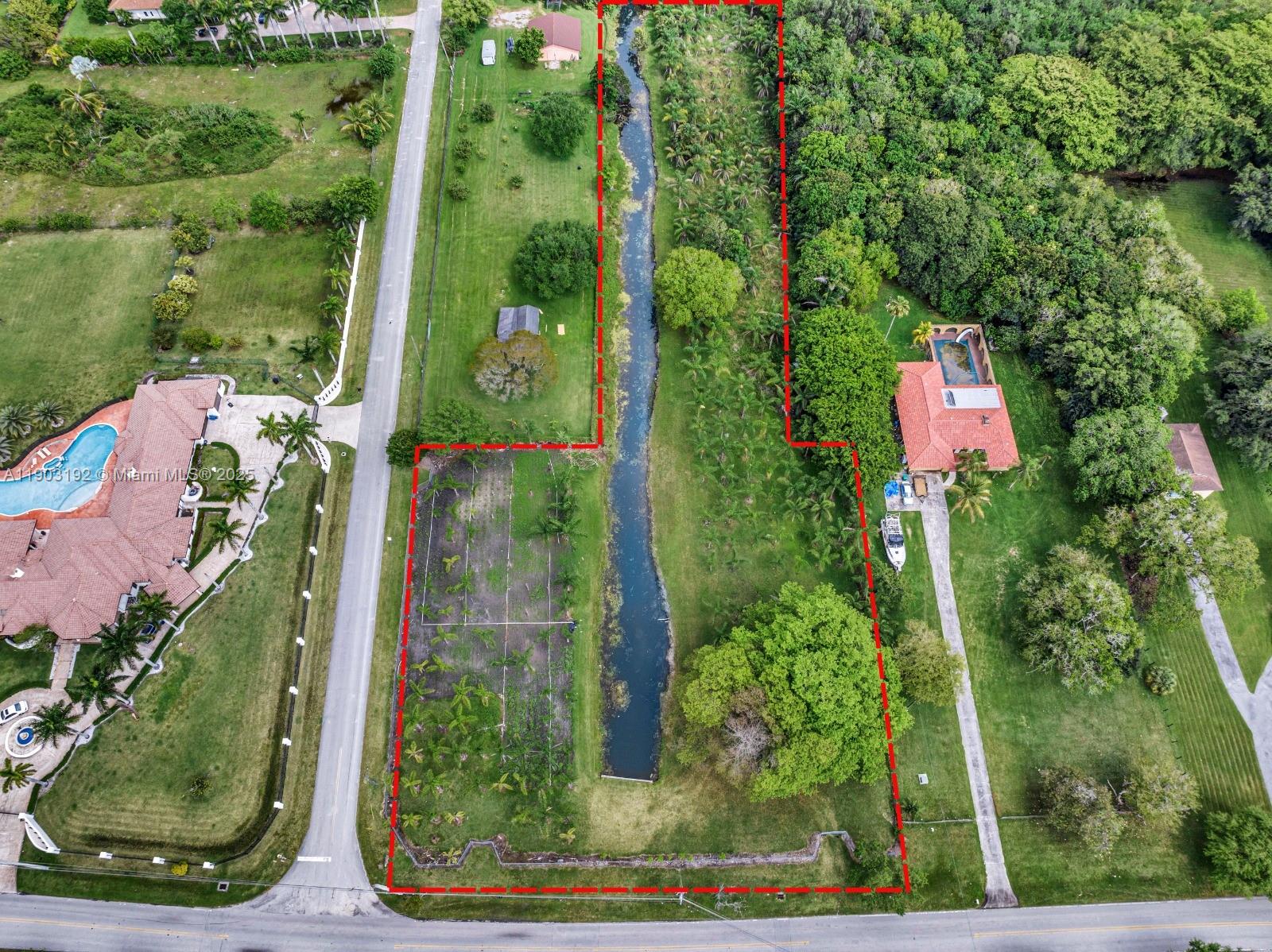 An aerial view shows a large residential lot with a central canal and red boundary lines — 178 Sw Ave, Southwest Ranches FL 33331, SOUTHWEST RANCHES, FL