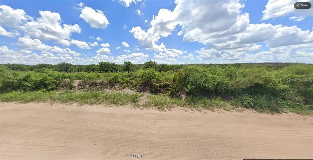 A dirt road runs in front of a vacant, overgrown lot under a cloudy sky — HOLOPAW GROVES ROAD, ST CLOUD, FL
