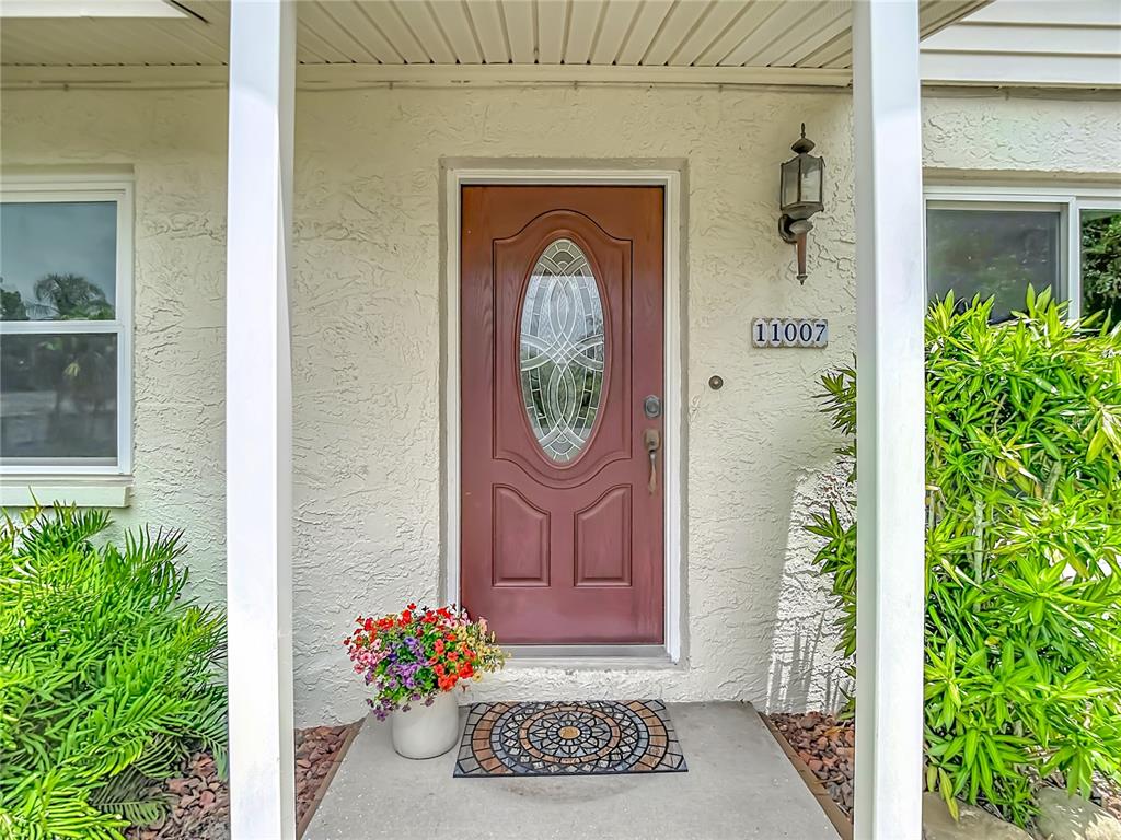 A front entrance features a brown door with a decorative glass oval and a welcome mat — 11007 AIRVIEW DRIVE, TAMPA, FL