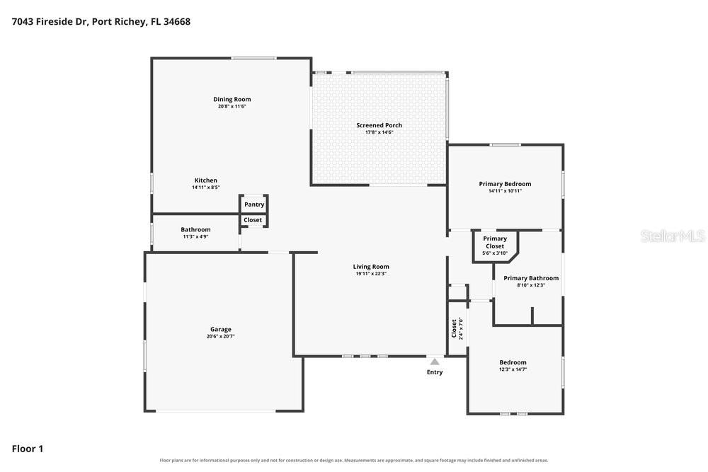 This is a floor plan showing the layout of a single-story residential home — 7043 FIRESIDE DRIVE, PORT RICHEY, FL