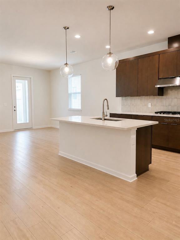 A kitchen features a white island with a sink, dark cabinets, and light wood flooring — 1741 CROWNCREST DRIVE, APOPKA, FL