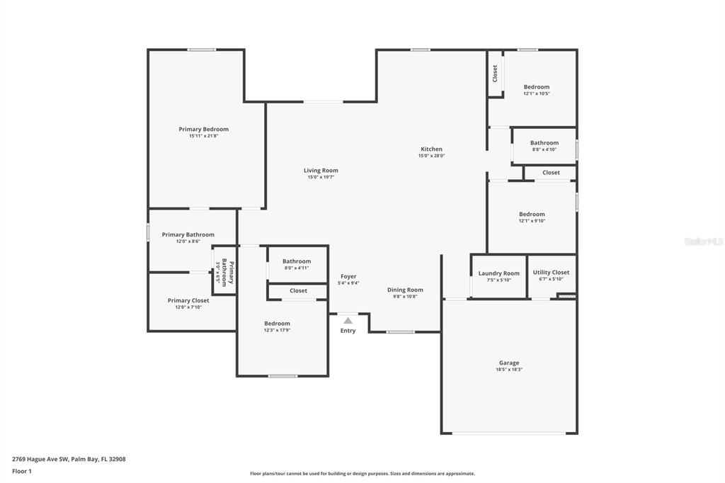 This is a floor plan for a single-story house with three bedrooms and a garage — 2769 HAGUE STREET SW, PALM BAY, FL
