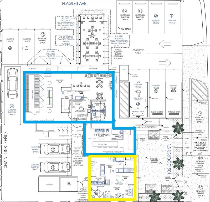 This site plan shows the layout of a building, parking spaces, and outdoor dining areas — 323 FLAGLER AVENUE, NEW SMYRNA BEACH, FL