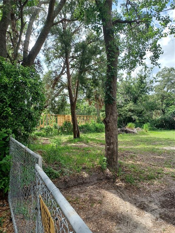 A chain-link fence borders a grassy lot with mature trees and a wooden construction frame — 1802 E FAIRBANKS STREET, TAMPA, FL