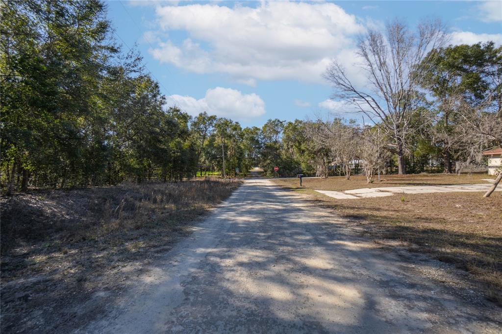 A dirt road leads through a wooded area toward a distant stop sign — SW 109TH PLACE, DUNNELLON, FL