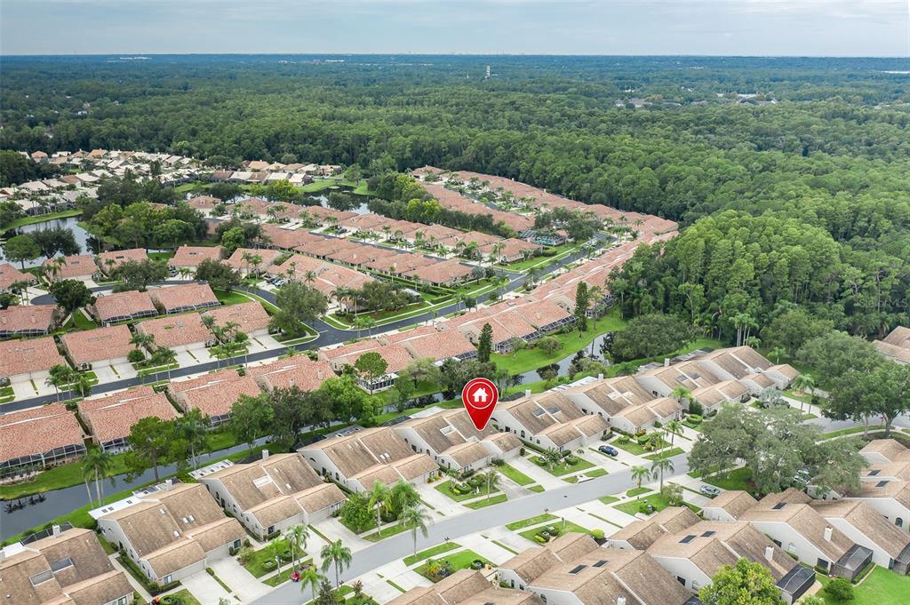 An aerial view shows a residential neighborhood of attached townhomes with tile roofs and landscaping — 5508 SALEM SQUARE DRIVE S, PALM HARBOR, FL