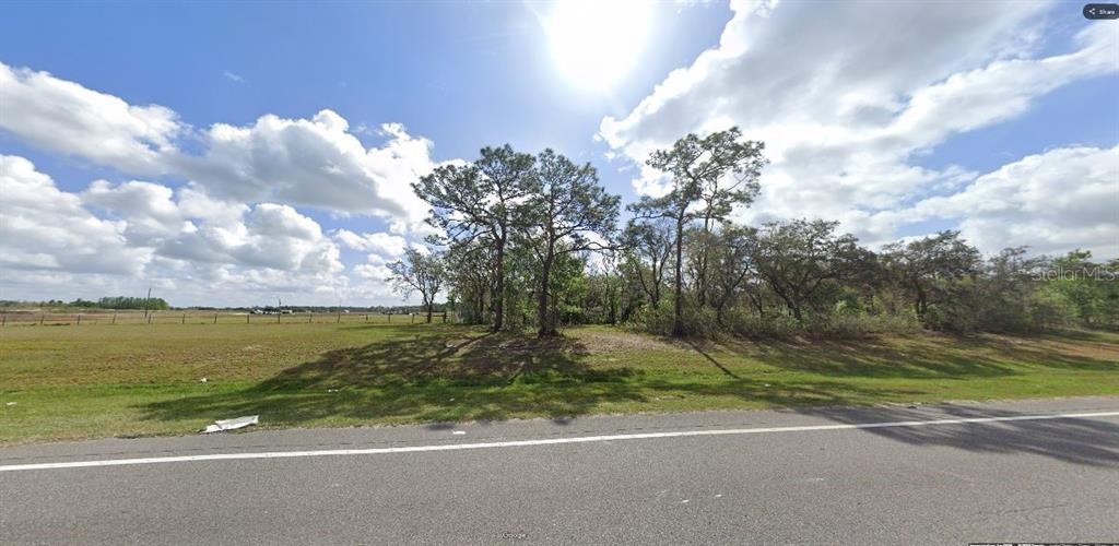 A grassy, tree-lined vacant lot sits adjacent to a paved road under a cloudy sky — COMMONWEALTH AVE N, POLK CITY, FL