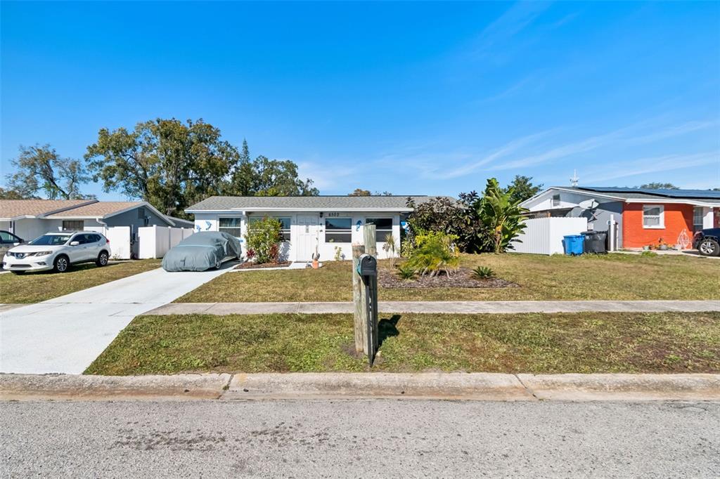 A single-story house with a white exterior, a concrete driveway, and a front lawn — 6503 AMUNDSON COURT, TAMPA, FL
