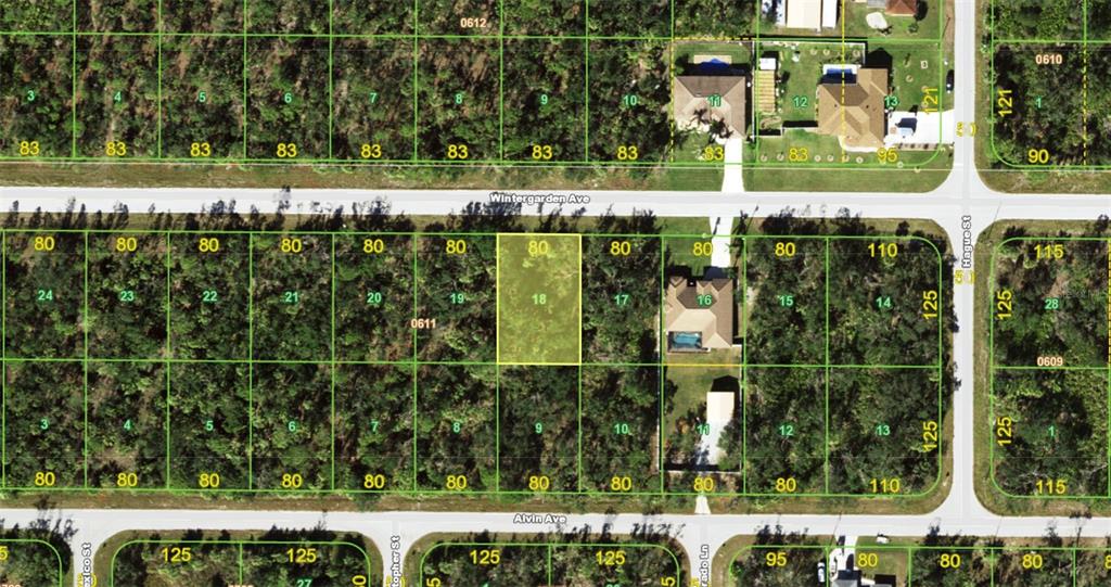 This is a satellite map showing residential lots and streets in a suburban neighborhood — 17079 WINTERGARDEN AVENUE, PORT CHARLOTTE, FL