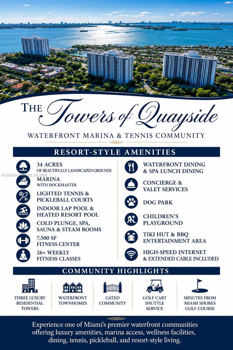 This is a promotional flyer featuring an aerial view of waterfront residential towers and amenities — 2000 Towerside Ter # 908, Miami FL 33138, MIAMI, FL