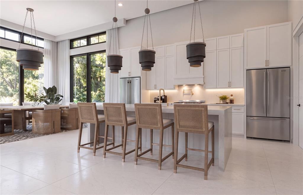 This rendering shows a modern kitchen with white cabinetry, a large island, and cane-backed stools — 4179 ROBERTS POINT CIRCLE LOT 17, SARASOTA, FL