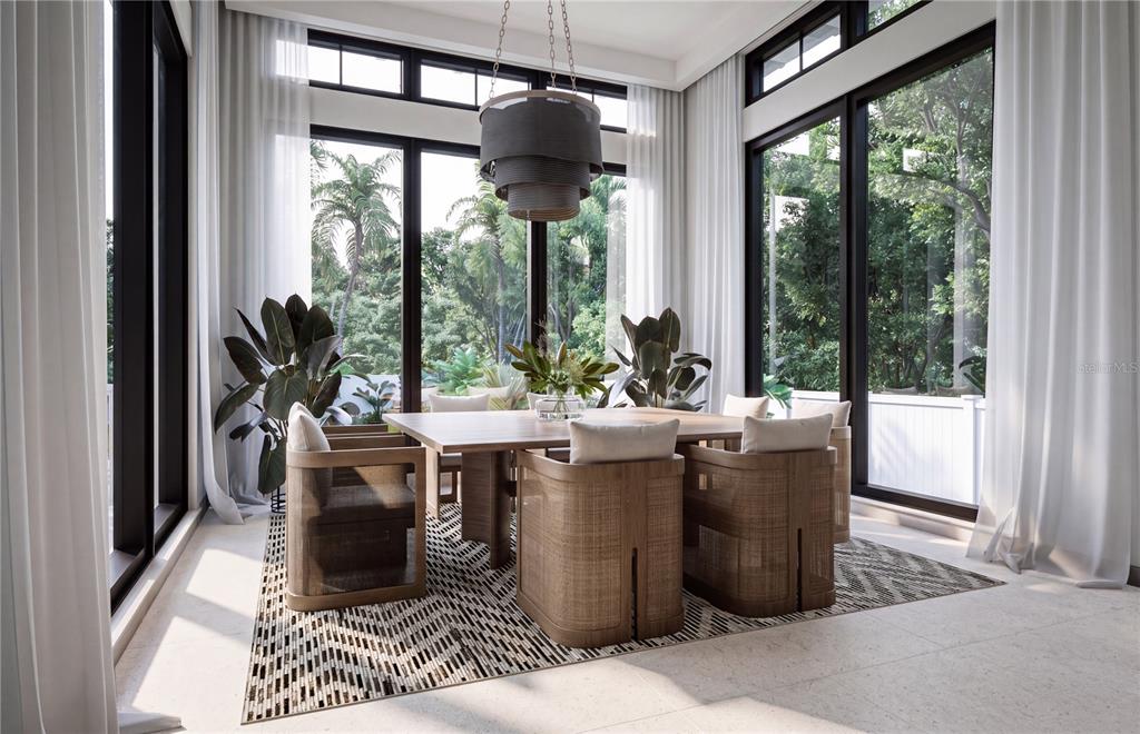 This rendering shows a dining room with wicker chairs, a wooden table, and large windows — 4179 ROBERTS POINT CIRCLE LOT 17, SARASOTA, FL