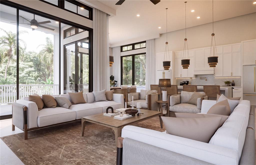 This rendering shows an open-concept living room and kitchen with neutral furniture and large windows — 4179 ROBERTS POINT CIRCLE LOT 17, SARASOTA, FL